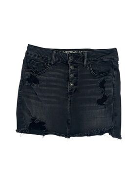 American Eagle Womens 8 Black Denim Mini Skirt Hi Rise Distressed Button Fly